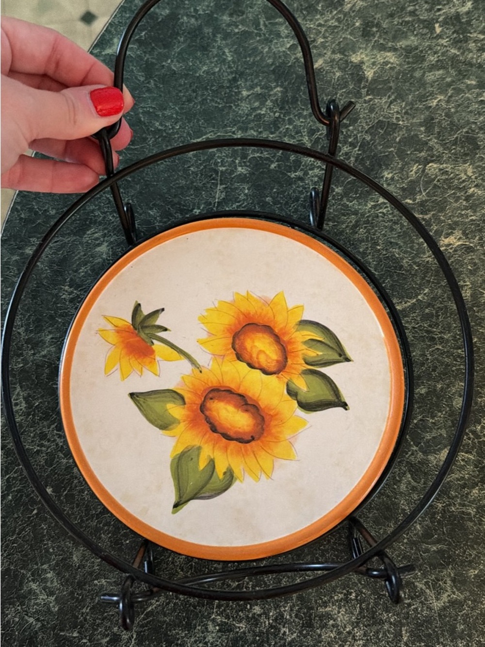 Sunflower Ceramic Trivet with Black Metal Stand